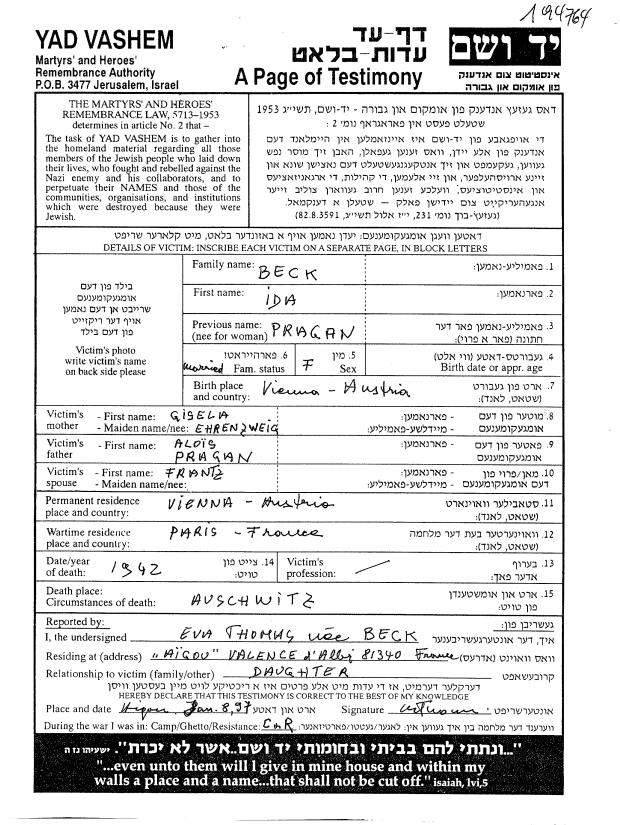 Beck: Ida: Yad Vashem Testimony